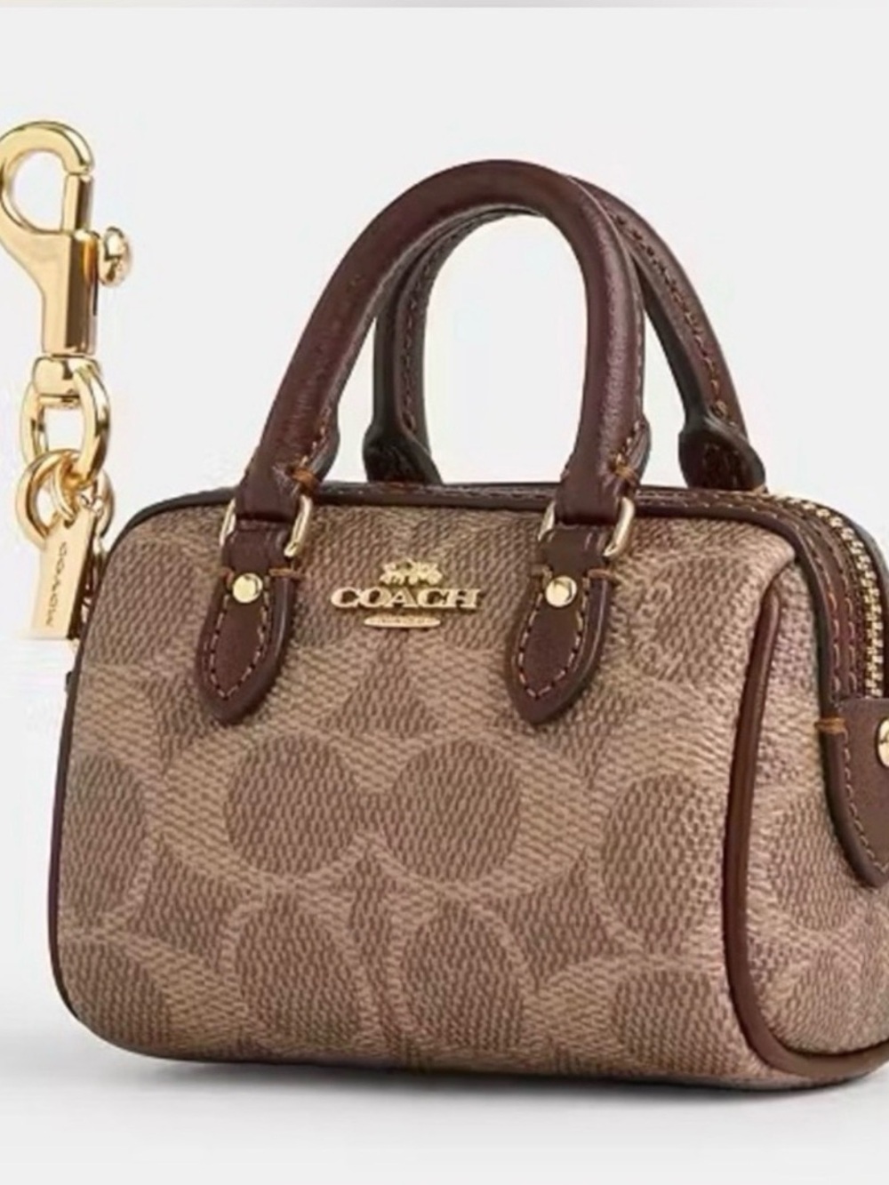 NWT! Coach CX068 Mini Rowan Satchel Bag Charm In Signature Canvas Tan/Brown/Gold - Picture 2 of 4